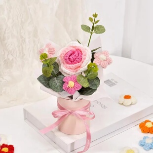 Knitted Flower Bouquet Crochet Rose Flowers Hugging Bucket