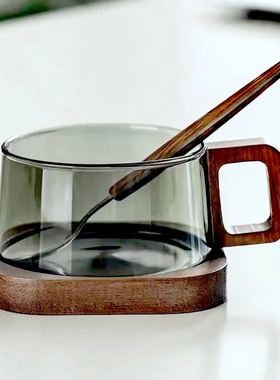 200ml American Latte Glass Coffee Mug With Wooden Tray Spoo