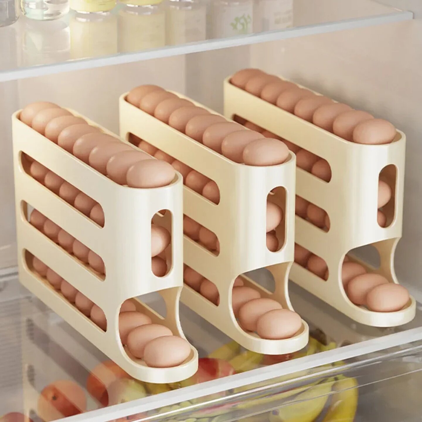 4 Layers Automatic Rolling Egg Holder Rack Fridge Egg Stora