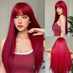 Light Wine Red Synthetic Wigs With Bangs for Women Long Str