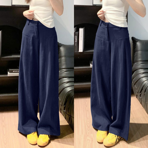 Women's Navy Blue Linen Wide Leg Pants 2026 Fall Lightweight