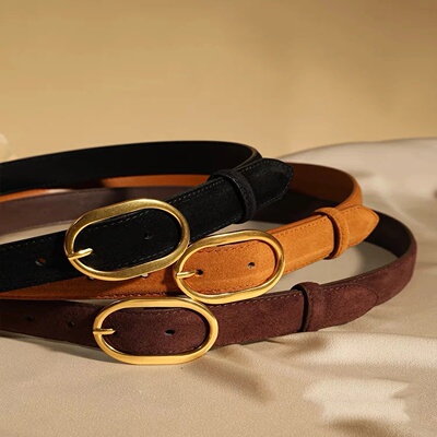 Vintage Women Skinny Belt Suede Cowhide Belt Genuine Leather