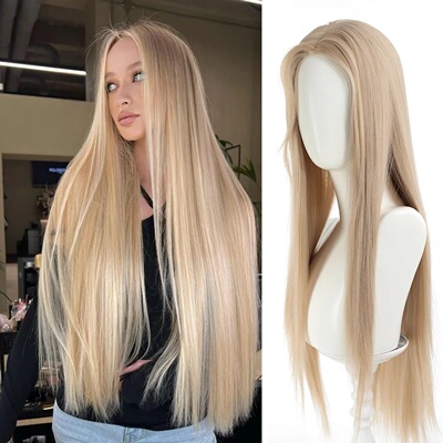 Synthetic wig linen long straight hair with bangs long curl