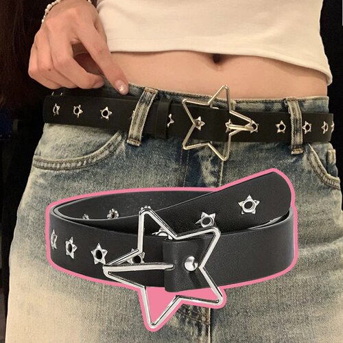Y2K Punk Star Eyelet Black Rivet Belt Goth Pu Leather Belts