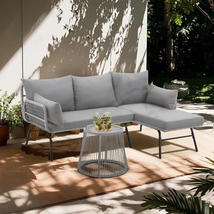 3-Piece Outdoor Patio Furniture Set, L-Shaped Rattan Sectio