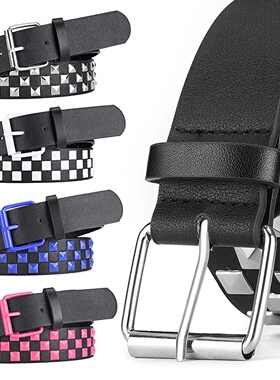 New Personalised Rivets Checkerboard PU Leather Belt 107CM