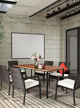 7PCS Patio Rattan Dining Set Chair Wooden Table Top W/Umbre