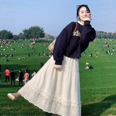 Women's White Lace Fluffy Midi Skirt New Spring Autumn Thin