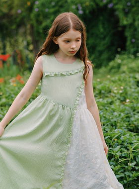 mpeng夏薄荷曼波天丝连衣裙荷叶边不规则拼接大摆裙