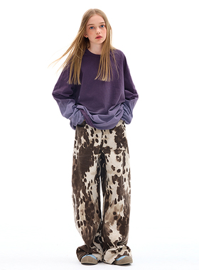 mpeng珠地纹休闲长裤奶牛纹纹复古秋季街头设计感弯刀裤子