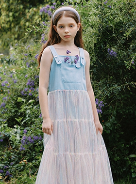 mpeng女童夏季新款彩虹网纱背带连衣裙可调节肩带