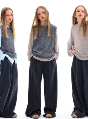 mpeng大童小个子女生灰色条纹直筒阔腿长裤TR垂感抗皱面料