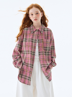 mpeng纯棉粉色格子宽松衬衫可爱小狗纽扣休闲日常外套