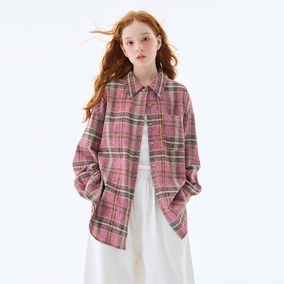 mpeng纯棉粉色格子宽松休闲衬衫