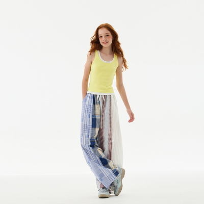 mpeng纯棉薄款拼色休闲宽松长裤