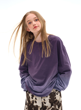 mpeng纯棉渐变工艺紫色宽松长袖休闲t恤百搭舒适美式复古风