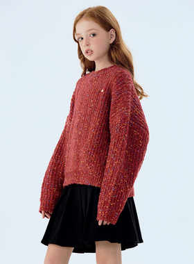 mpeng灰色红色毛衣彩色毛球设计宽松休闲百搭套头上衣