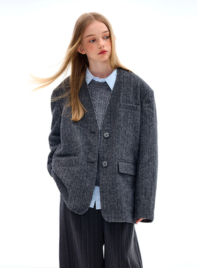 mpeng大童小个子女生秋冬粗纺羊毛西装外套条纹肌理复古又自在