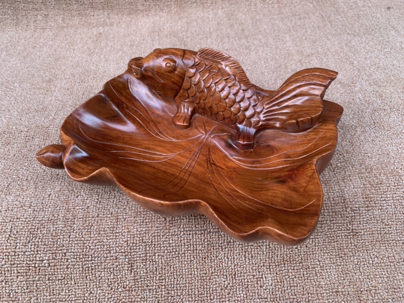高颜值鱼上有余整木雕工艺品缅甸花梨木家用装饰烟灰缸笔架笔托