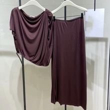 AUS ED女装连衣裙2025年夏季新款拼皮边分体上衣半身裙两件装套