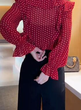 2026秋季新款韩系大码波点气质红色T恤上衣设计感长袖上衣百搭