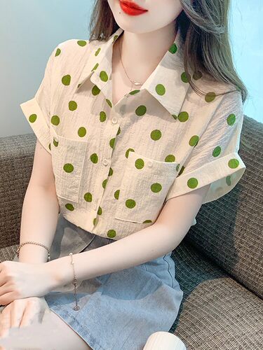 韩版气质波点POLO领短袖雪纺衬衫女夏装2026夏季新款女士衬衣上衣