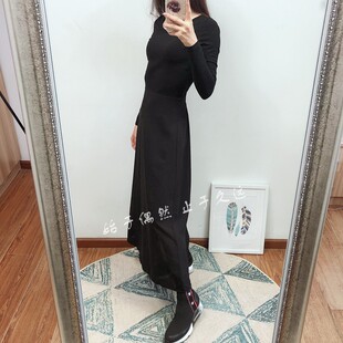 解构美学 浪漫剪裁 复古摩登雪纺拼针织黑色长袖连衣裙露腰中长裙