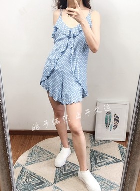 法式风格 浅蓝色艺术笔触 甜美棉质吊带连体裤薄款甜美显瘦短裤女