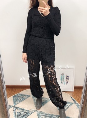 摩登朋克 小众先锋 黑色蕾丝全透明背带连体裤松紧收口裤脚长裤女