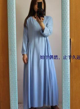 包邮 自留款三色之浅蓝色棉质手感好超长款宽松长袖连衣裙唯美范