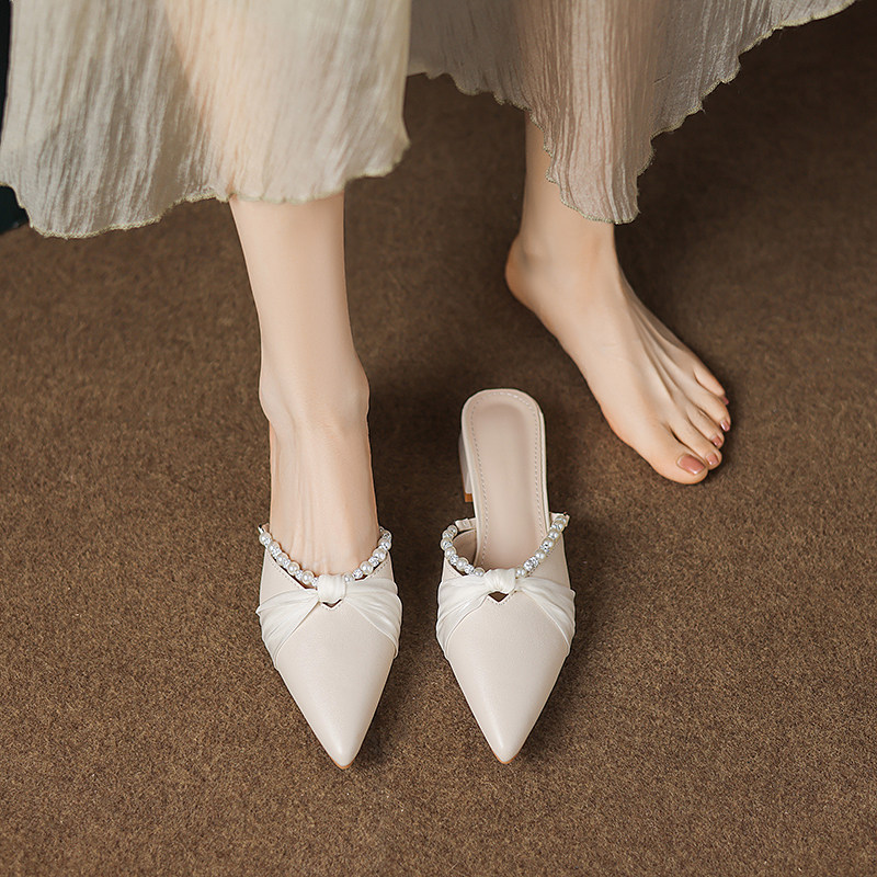 2025夏新款仙女风包头半拖鞋女外穿法式尖头中跟小香风百搭女鞋