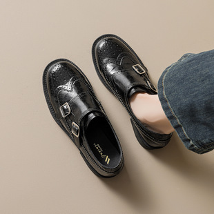 2026年新款复古风一脚蹬乐福鞋女布洛克雕花小皮鞋英伦风厚底女鞋