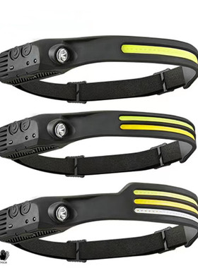 新款硅胶感应头灯Type-C充电LED红白黄光户外跑步钓鱼COB头灯