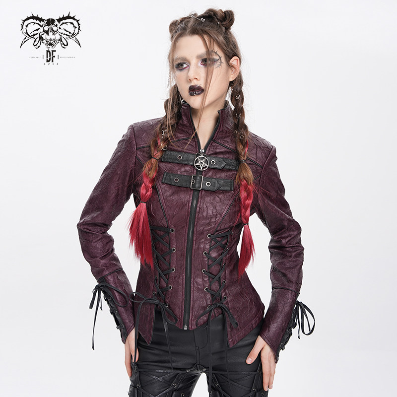 DevilFashion哥特风红色拼接绑带皮衣外套CT26302