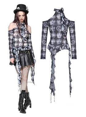 DARK IN LOVE哥特女装 朋克偏心人像网眼上衣 TW630