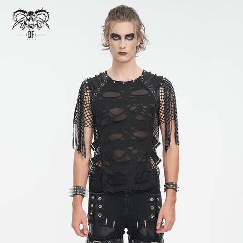 Devil Fashion恶魔时尚男装哥特朋克暗黑破洞流苏装饰男T恤TT276