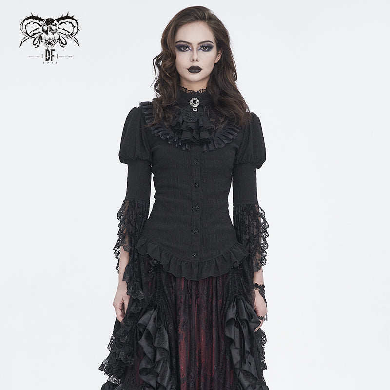Devil Fashion恶魔时尚女装哥特羊毛拼布女王立领长袖衬衫 SHT113