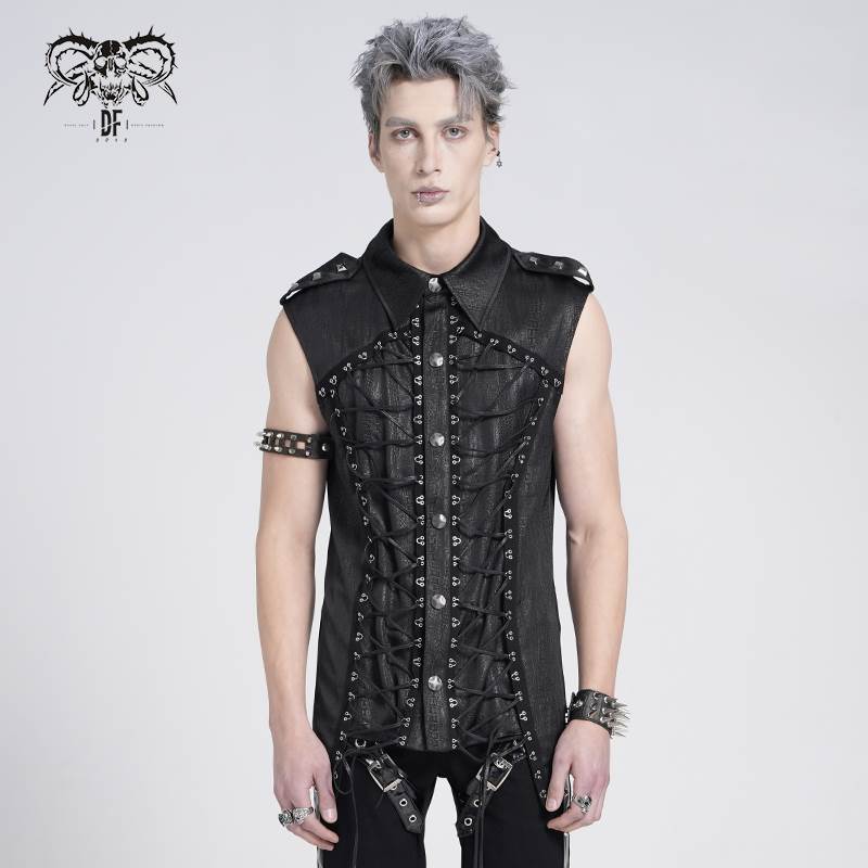 Devil Fashion恶魔时尚哥特暗黑男装翻领系绳马甲无袖衬衫SHT134