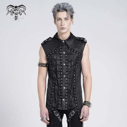 Devil Fashion恶魔时尚哥特暗黑男装翻领系绳马甲无袖衬衫SHT134