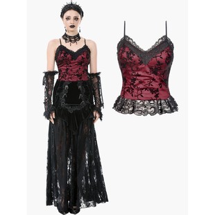 深红色背心带褶皱蕾丝下摆吊带TW644 LOVE哥特女装 DARK