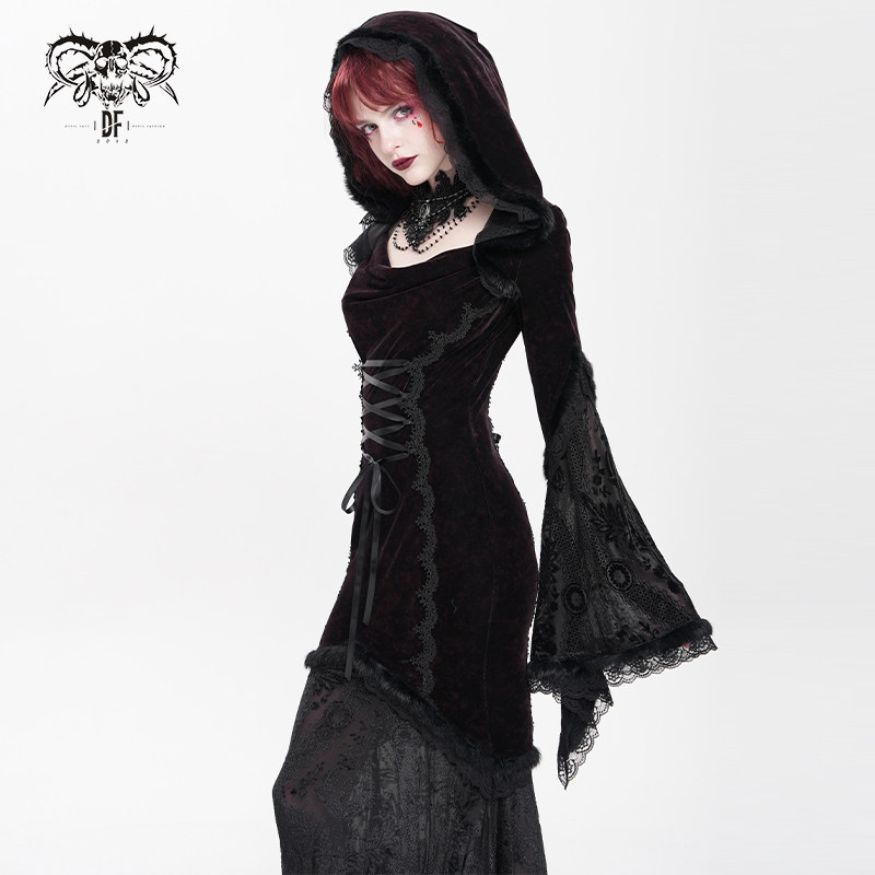 DevilFashion哥特红色绑带姬袖带帽女巫连衣裙SKT24002