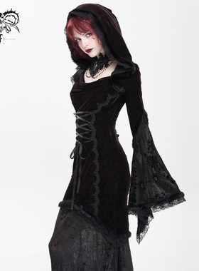 DevilFashion哥特红色绑带姬袖带帽女巫连衣裙SKT24002
