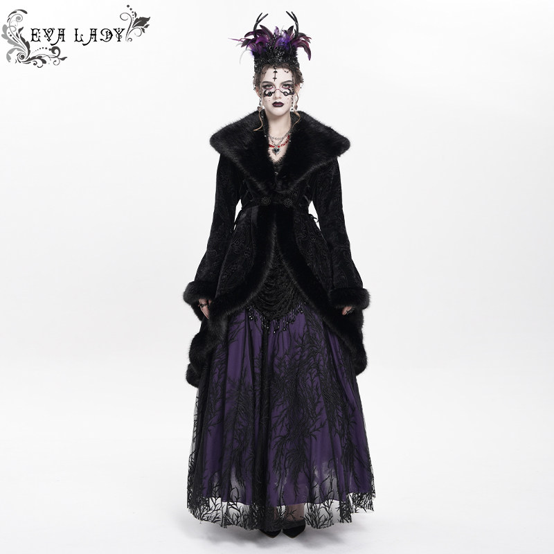 Devil Fashion恶魔时尚女装哥特大毛领收腰外套大衣ECT02301