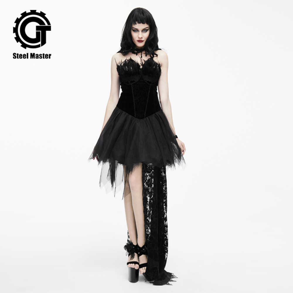 哥特女装春夏新款暗黑系连衣裙裹胸纱网拼接绑带修身显瘦公主短裙