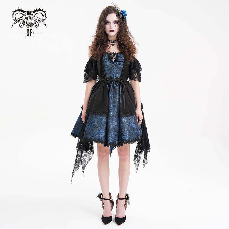 Devil Fashion恶魔时尚女装哥特蓝色拼色挂脖连衣裙 SKT21602