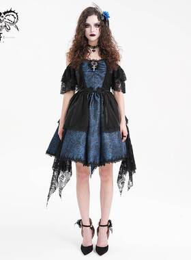 Devil Fashion恶魔时尚女装哥特蓝色拼色挂脖连衣裙 SKT21602