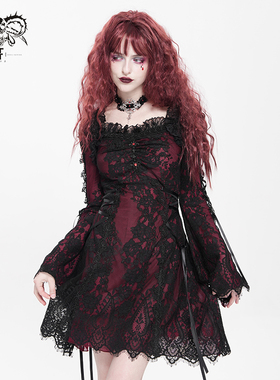 DevilFashion哥特风红色蕾丝喇叭袖连衣裙SKT24502