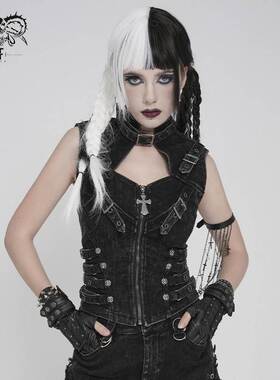 Devil Fashion恶魔时尚哥特暗黑女装挂颈做旧牛仔背心WT101