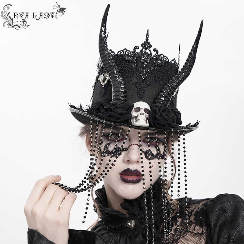 Devil Fashion恶魔时尚女装哥特盆盆帽牛角串珠流苏礼帽EAS037