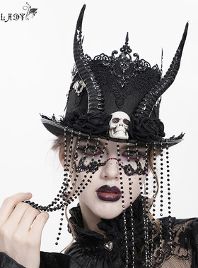 Devil Fashion恶魔时尚女装哥特盆盆帽牛角串珠流苏礼帽EAS037